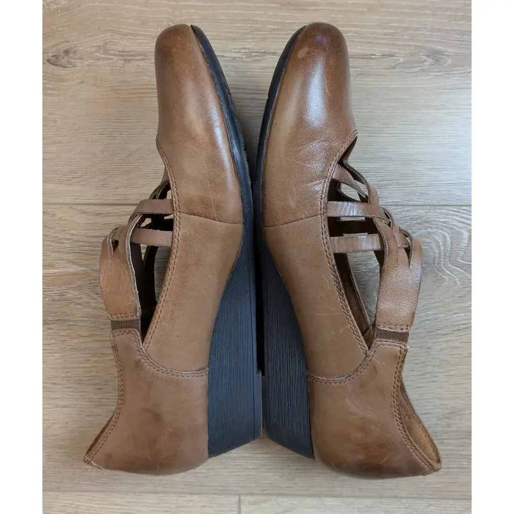 Rockport Cobb Hill Leather Wedge Heels 9.5 Brown Mary Jane Strappy Comfort Shoe